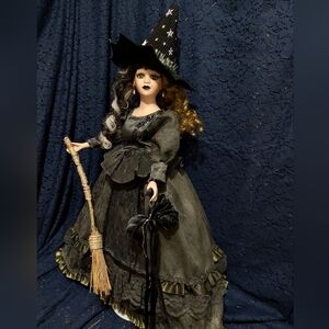 Black Witch Doll with Broom,Spell Bag and Hat